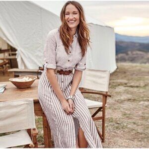 New J Jill Love Linen L Maxi Dress Shirt Button Striped Duster Jacket White Tan